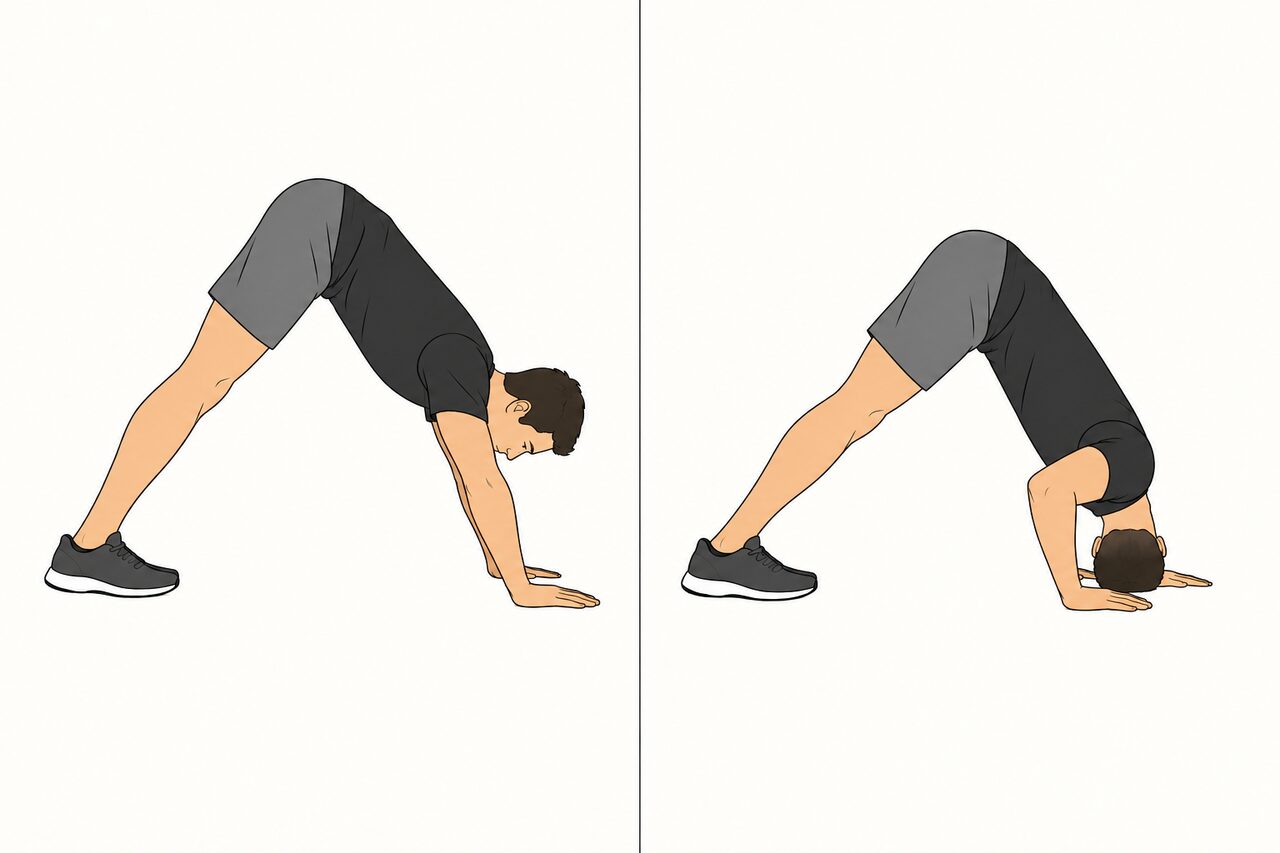 Flexão pike, dois painéis: V invertido e descida da cabeça entre as mãos