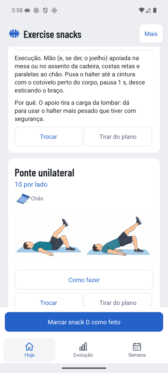 Ponte unilateral no app: dose, equipamento, as duas ilustrações e os botões Como fazer, Trocar e Tirar do plano